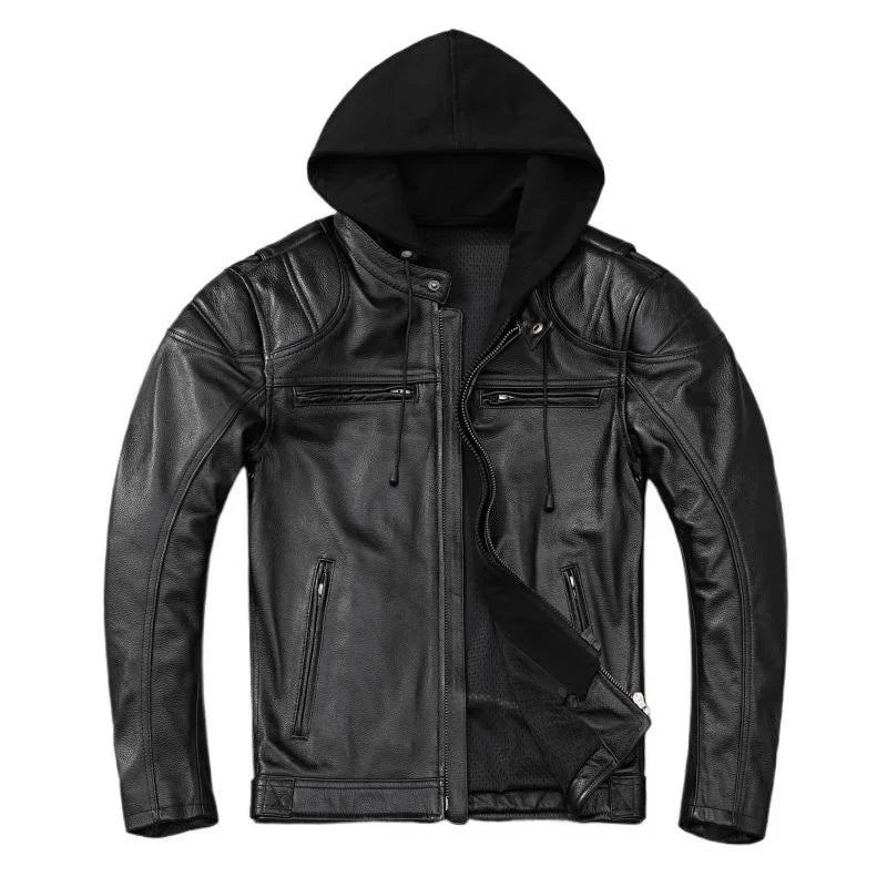 Heavy Motorcycle Jacket Hood Genuine Cowhide Men Leather Jacket Riding Biker Coat Winter Motorbike Jackets Warm Jaquetas