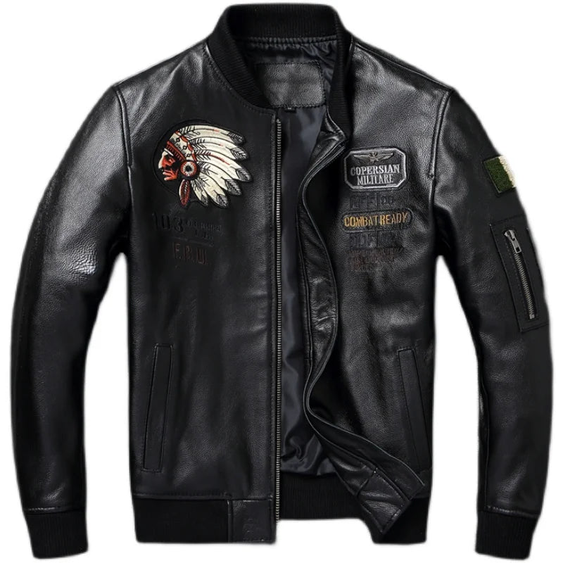 Indian Embroidery Baseball Coat Genuine Cowhide Casual Leather Jackets for Men Leather Jacket Spring Autumn