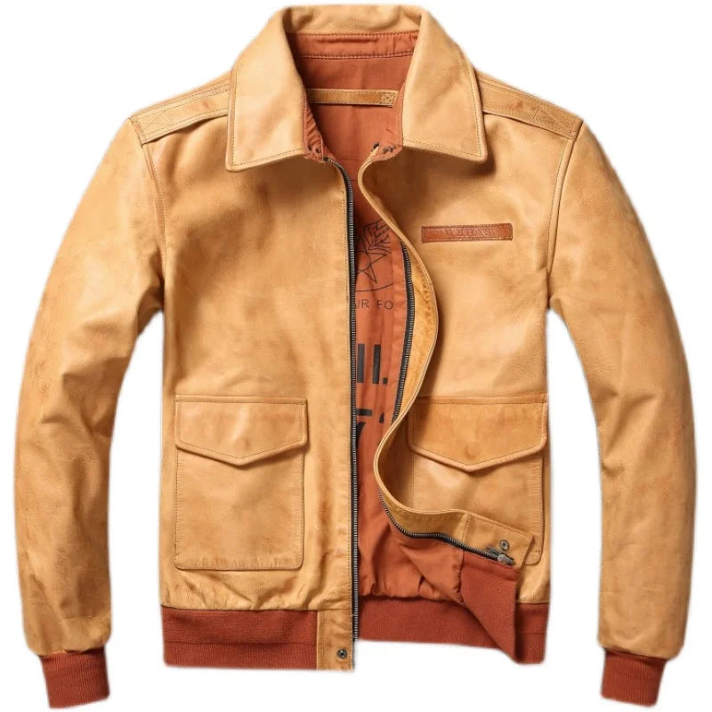 Classic Flight A2 Pilot Jacket Vintage Dirty Yellow Oil Waxed Cowhide Genuine Leather Jacket Men Aviator Jackets Male Coats