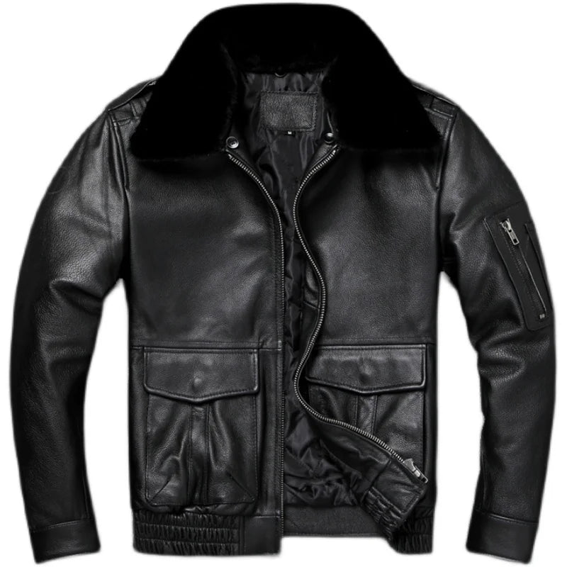 Men Leather Jacket Genuine Cow Leather Natural Fur Collar Flight Jackets Mens Cowhide Coats Winter Air Force Clothes