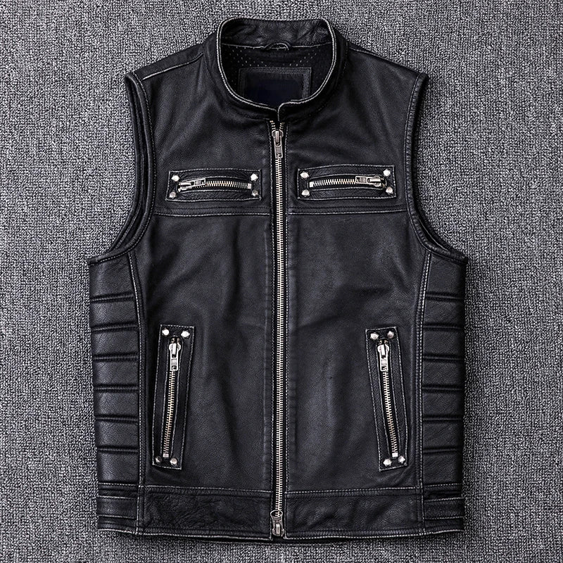 New Genuine Cowhide Leather Vest Men's Motorcycle Biker Vests High Quality Stand Collar Sleeveless Jackets Zipper Waistcoat