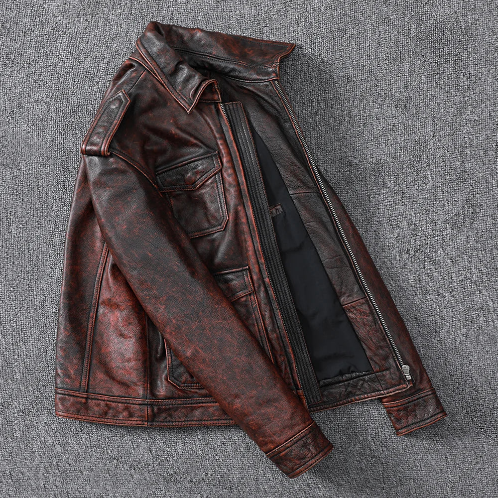 Free Shipping Vintage Brown Genuine Leather Jacket Men Natural Cowhide High Quality Coat Hunting Clothes Style