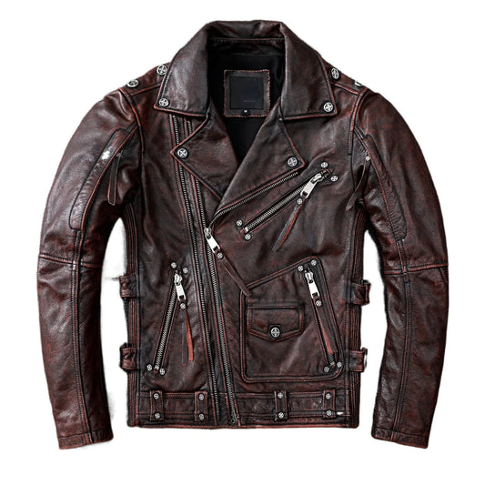 Vintage Brown Motorcycle Leather Jacket Men Natural Genuine Cowhide Jackets Autumn Slim Fit Biker's Ooblique Zipper Coat