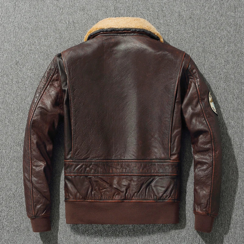 Vintage Red Brown Real Cow Leather Jacket Men G1 Fight Jackets Natural Fur Collar Male Coats Winter Clothing Aviation Clothes