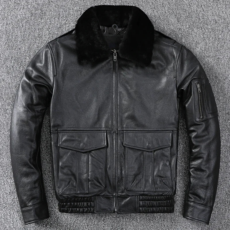 New Air Force Flight Genuine Cow Leather Men's Jacket Detachable Real Fur Collar Thicken Warm Cowhide Clothes Men Winter Coat