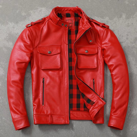 Men Leather Jacket Handsome Short Red Genuine Cowhide Biker Leather Jacket Black Tanned Sheepskin Slim Fit Jackets Autumn