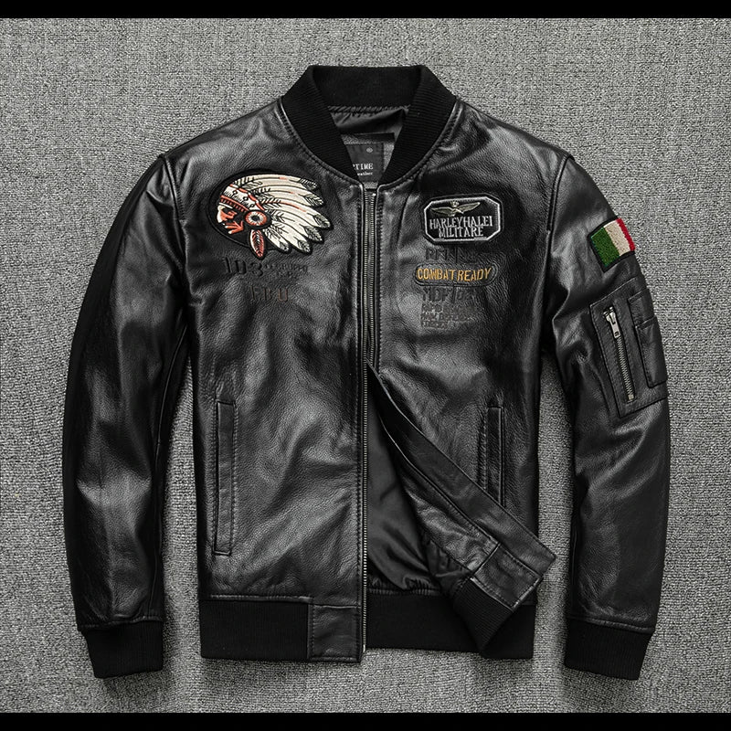 New Fashion Indian Embroidery Baseball Jacket   Natural Genuine Leather Coat Men's Cowhide Leather Motorcycle Slim Jackets