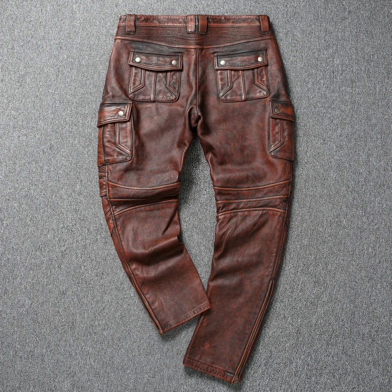 Vintage Red Brown Genuine Cowhide Motorcycle Leather Pant Men Thick Leather Trousers Man Moto Biker Slim Pants with Protectors