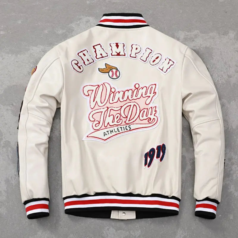 Fashion Terrycloth Embroidery Genuine Leather Baseball Jacket White Black American Style Sport Coat Loose Street Mens Jacket