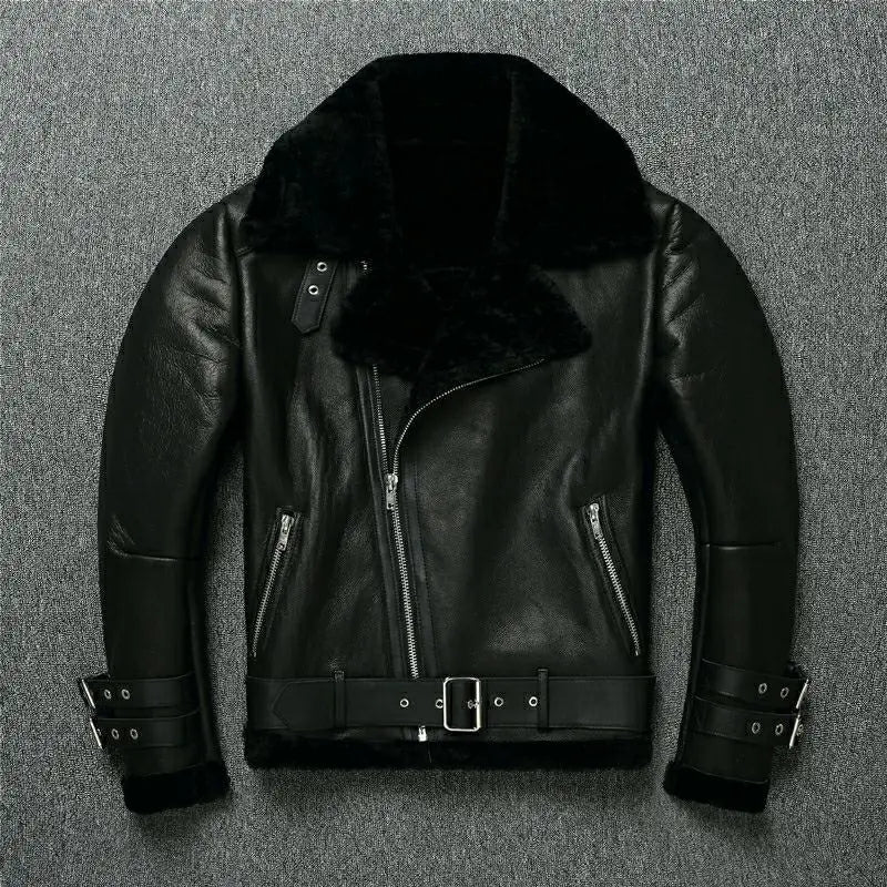 Natural Sheep Fur Jackets Men Shearling Real Leather Jacket Lapel Oblique Zipper Belt Biker Jackets Winter Coat Warm