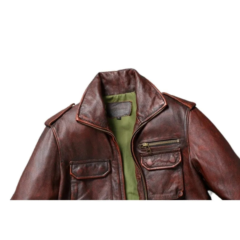 Vintage Red Brown Heavy M65 Hunting Jackets Long Head Layer Cowhide Leather Jacket Retro Leather Jacket Men's Motorcycle Jackets