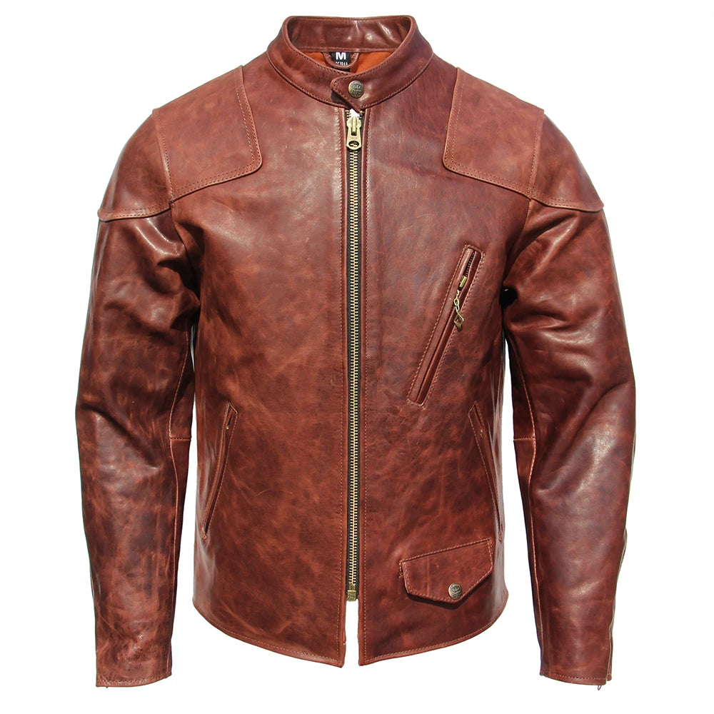 Fashion Natural Horsehide Leather Jacket Men Oil Waxed Cowhide Genuine Leather Coat Slim Male Clothes Autumn Chest 128cm M002