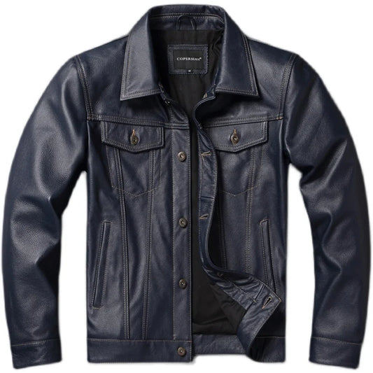 Blue Genuine Cowhide Men Leather Jacket 507 Style Mens Coat Autumn Slim Fit Male Clothing Spring